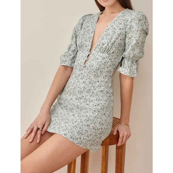Reformation Simi Linen Mini Dress Green Floral - Picture 2 of 7